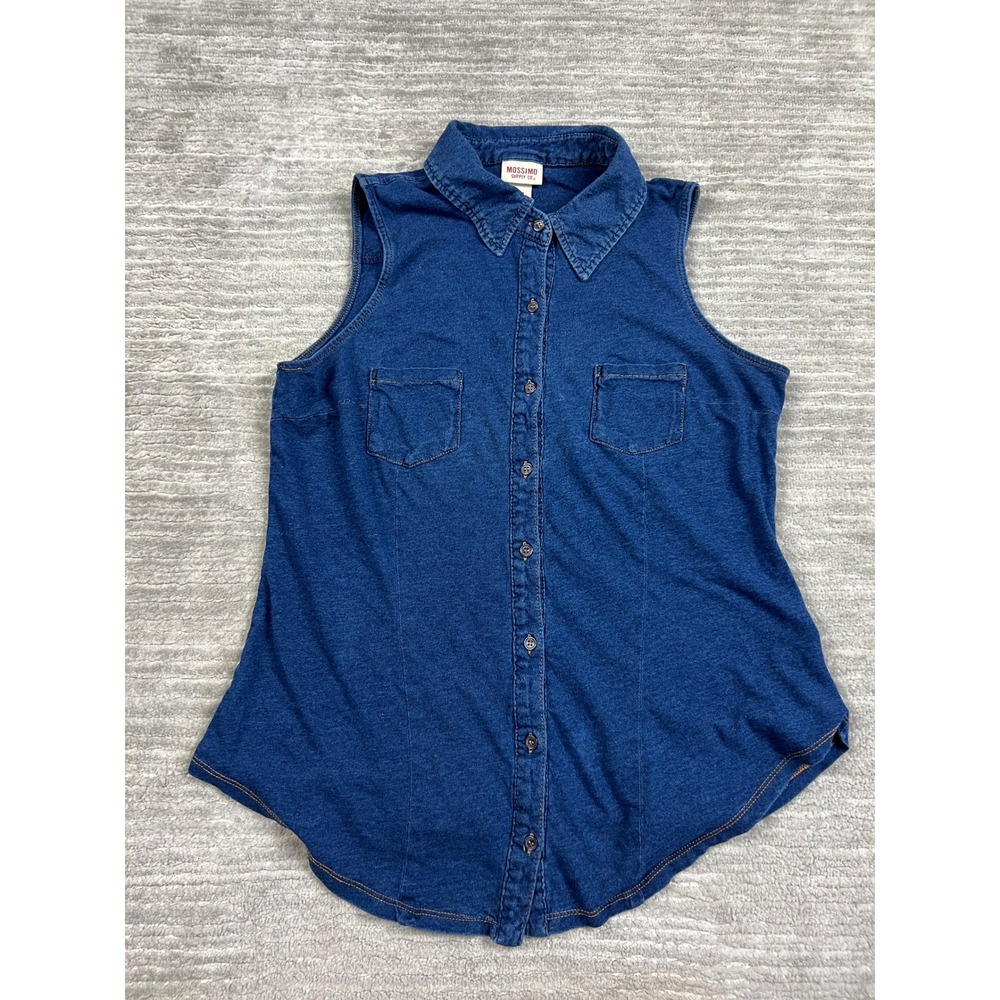 Mossimo Shirt Women Medium Blue Denim Sleeveless Button Down Collared Pockets
